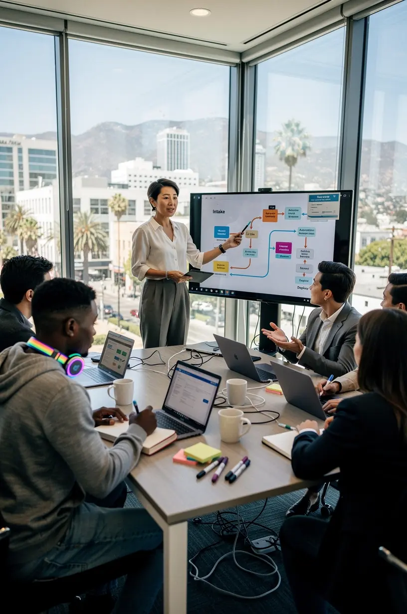 Modern office setup with multiple screens showcasing real-time software workflow automation analytics.
