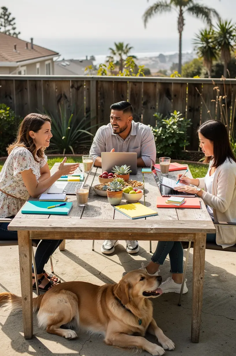 Professional team collaborating on digital automation strategy using laptops and tablets.